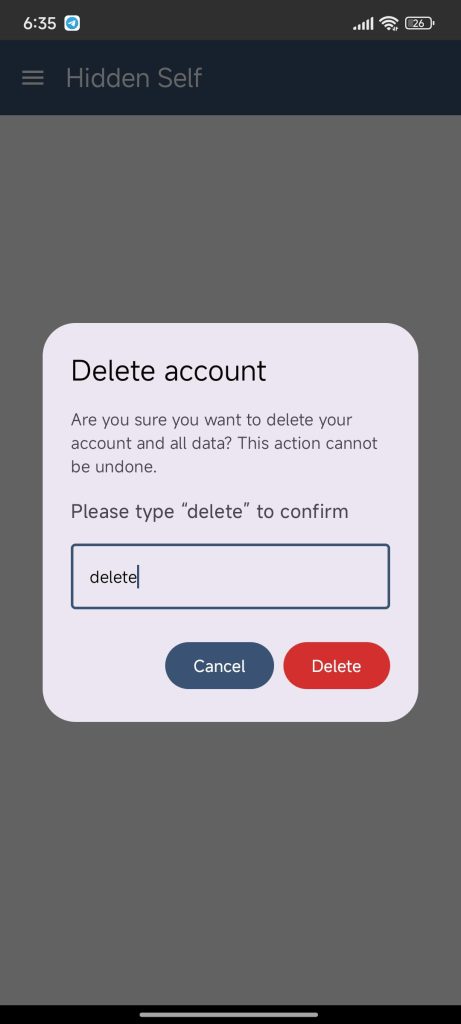 Delete account confirmation screenshot